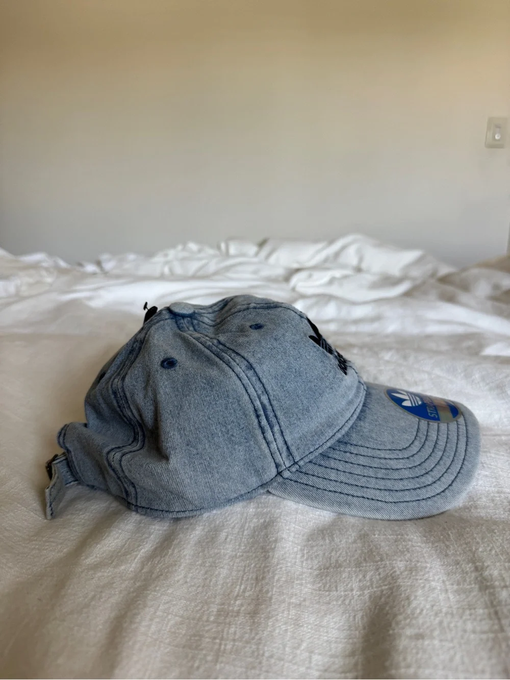 adidas embroidered trefoil Strapback cap in light wash denim NWT